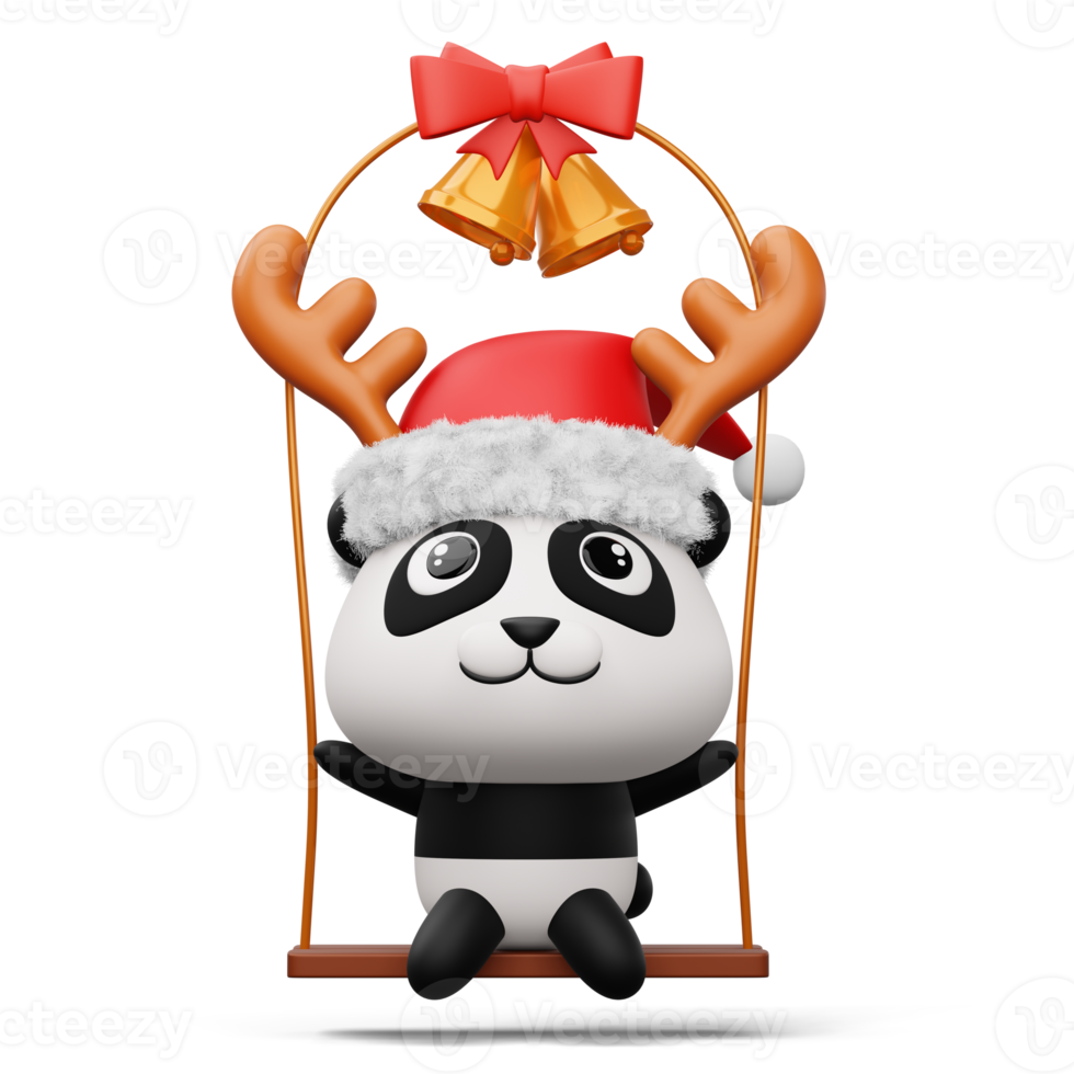 Cute panda with christmas hat, happy christmas, 3d rendering png