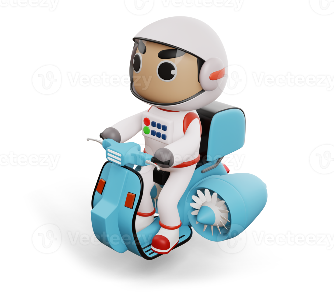astronauta de entrega andando de moto voadora com caixa de entrega, renderização em 3d png