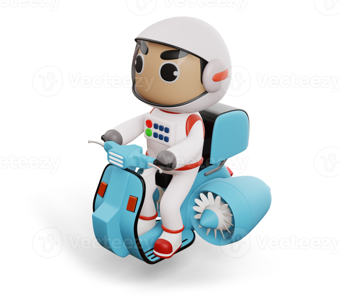 Delivery spaceman riding flying motorcycle with delivery box, 3d rendering png