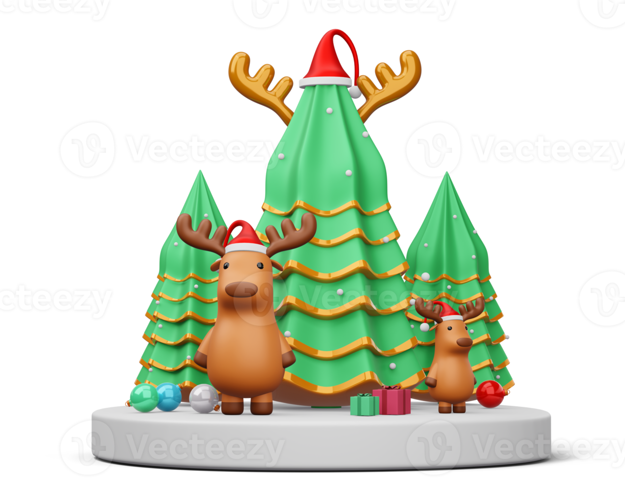 Merry christmas, Christmas tree with reindeer, 3d rendering png