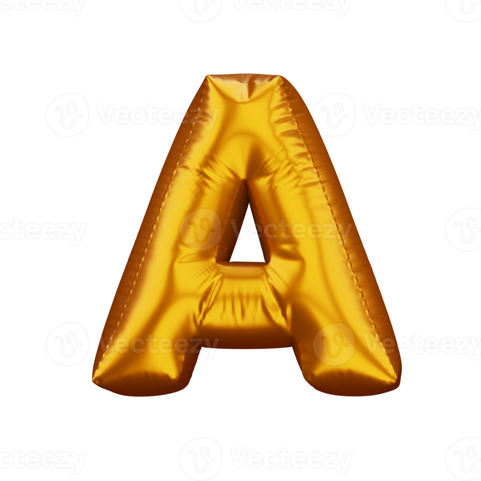 Gold alphabet balloon, metallic text float, 3d rendering png
