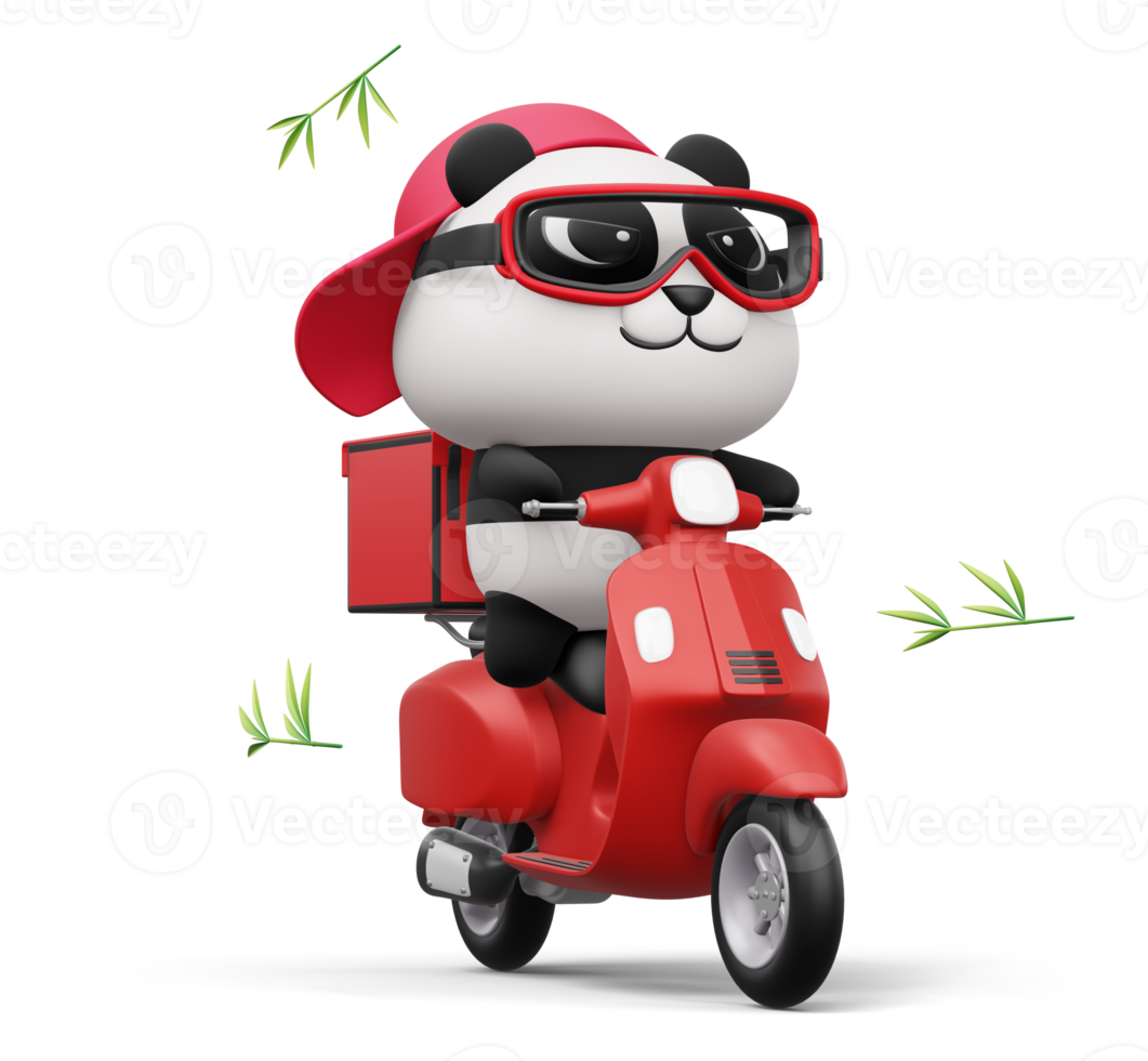 panda bonito andando de moto, entrega de panda, renderização em 3d png