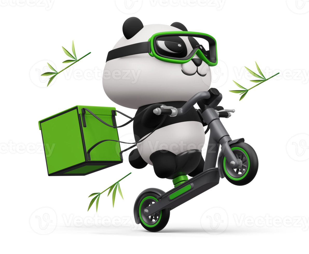 Cute Panda riding scooter, panda delivery, 3d rendering png