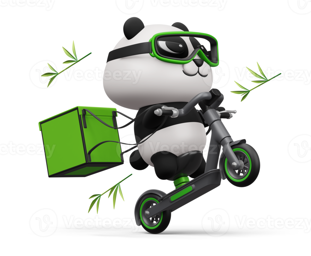 joli scooter d'équitation de panda, livraison de panda, rendu 3d png