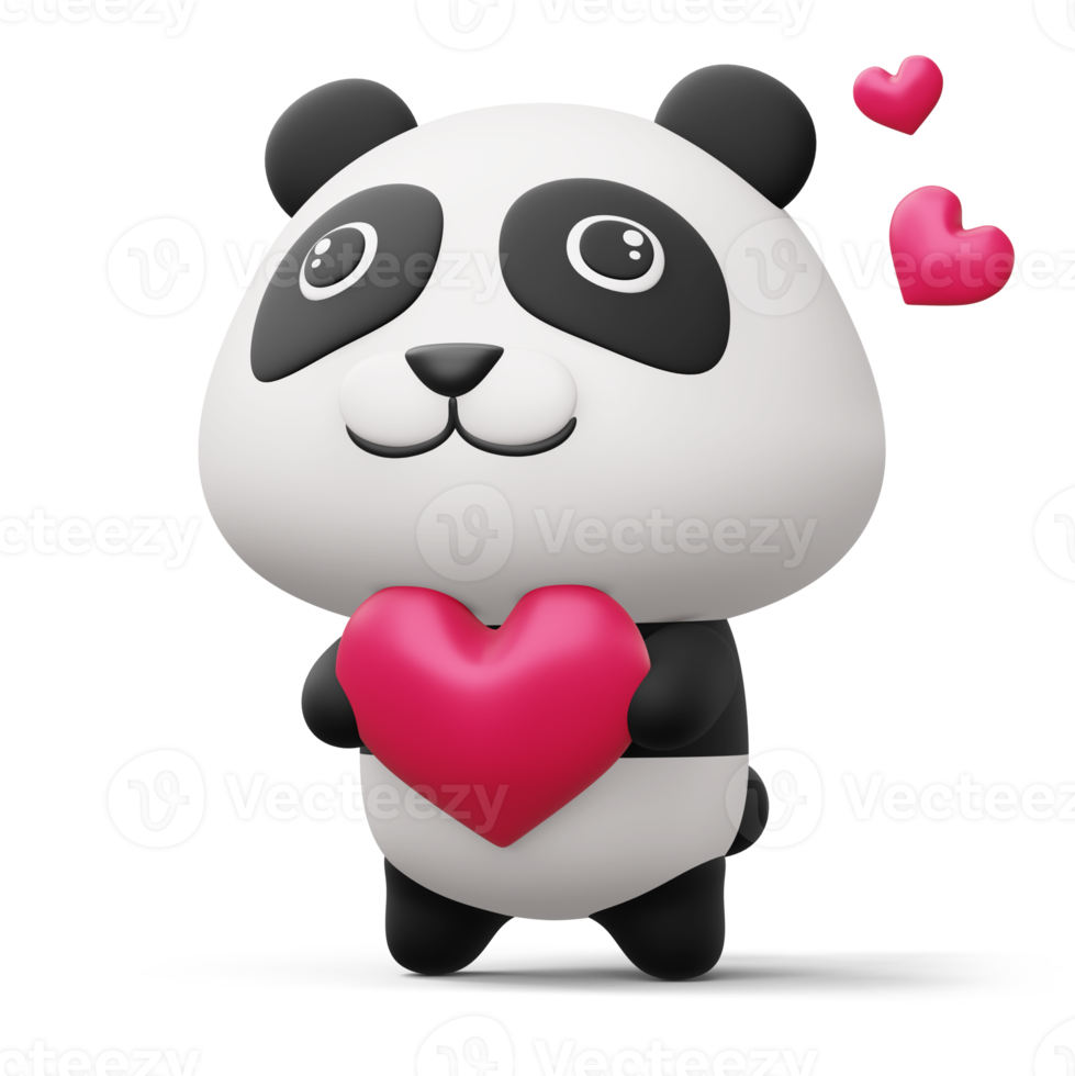 Cute panda with heart, cute animal, 3d rendering png