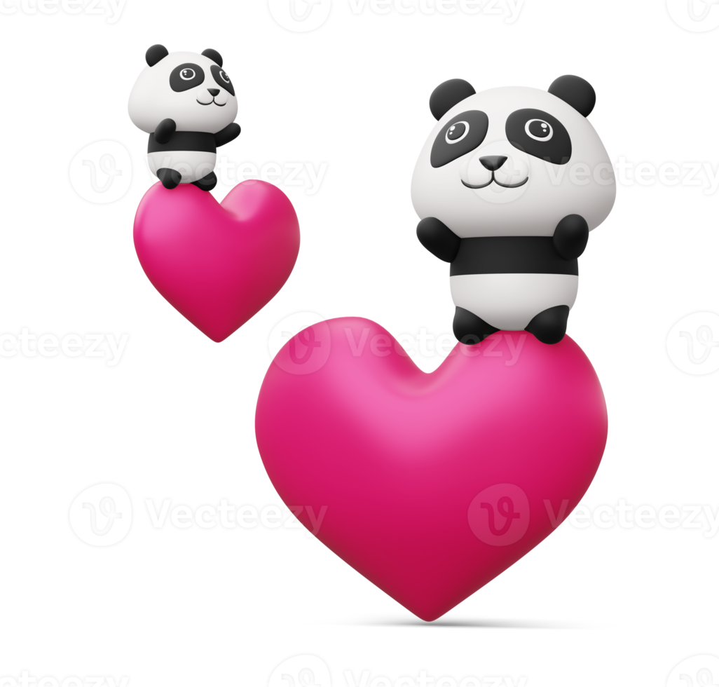 Cute panda with heart, cute animal, 3d rendering png