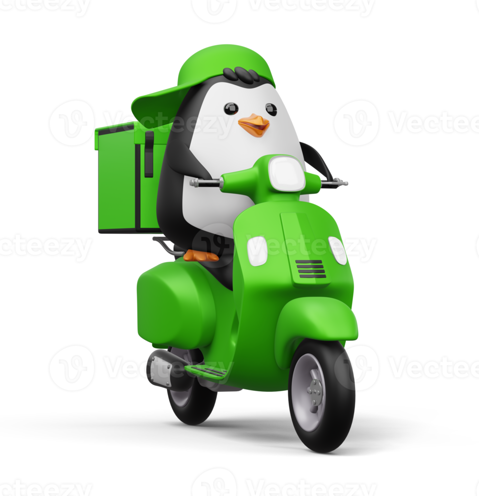 Cute penguin riding scooter, penguin delivery, 3d rendering png