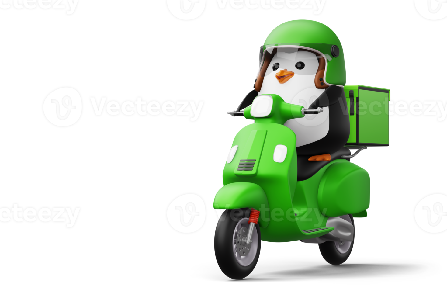 Cute penguin riding scooter, penguin delivery, 3d rendering png