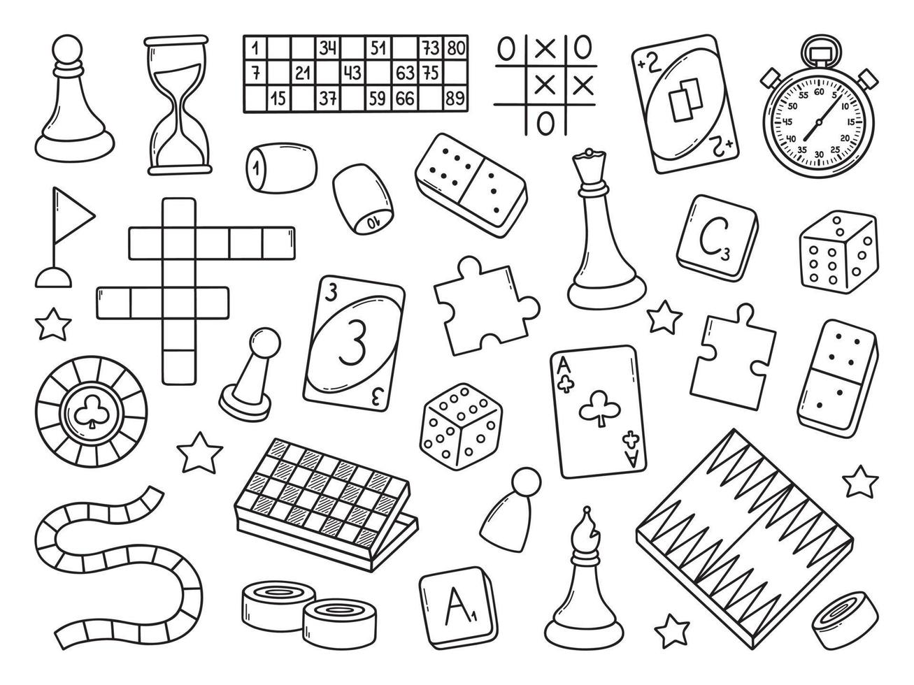 Board games doodle set. Checkers, lotto, chess, cards, backgammon in sketch style. Hand drawn vector illustration isolated on white background