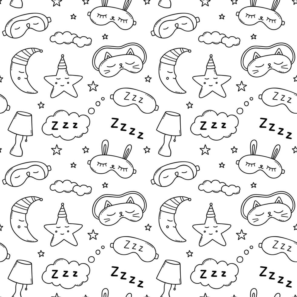 Seamless pattern of sleep doodle. Good night symbols in sketch style. Hand drawn vector illustration isolated on white background