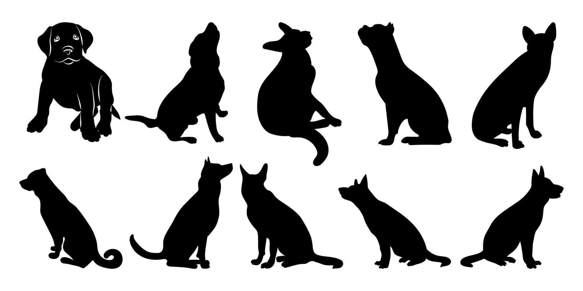 Vector set of silhouettes of dogs sitting in different poses, hand drawn pack of pet shapes and figures, isolated vector