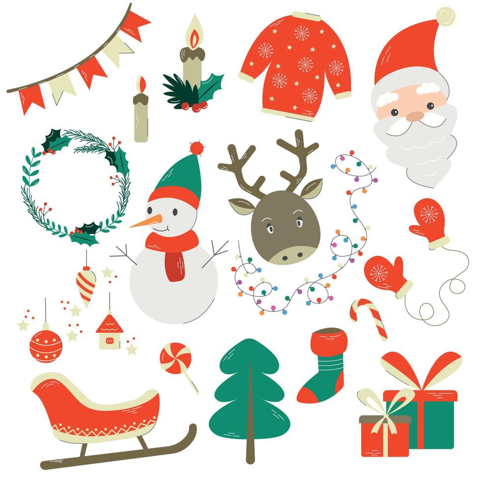 Christmas characters collection with traditional symbols - Snowman, Santa, Reindeer, Tree, Gifts and Sleigh. Vector illustration in flat cartoon style. New Year holiday concept.
