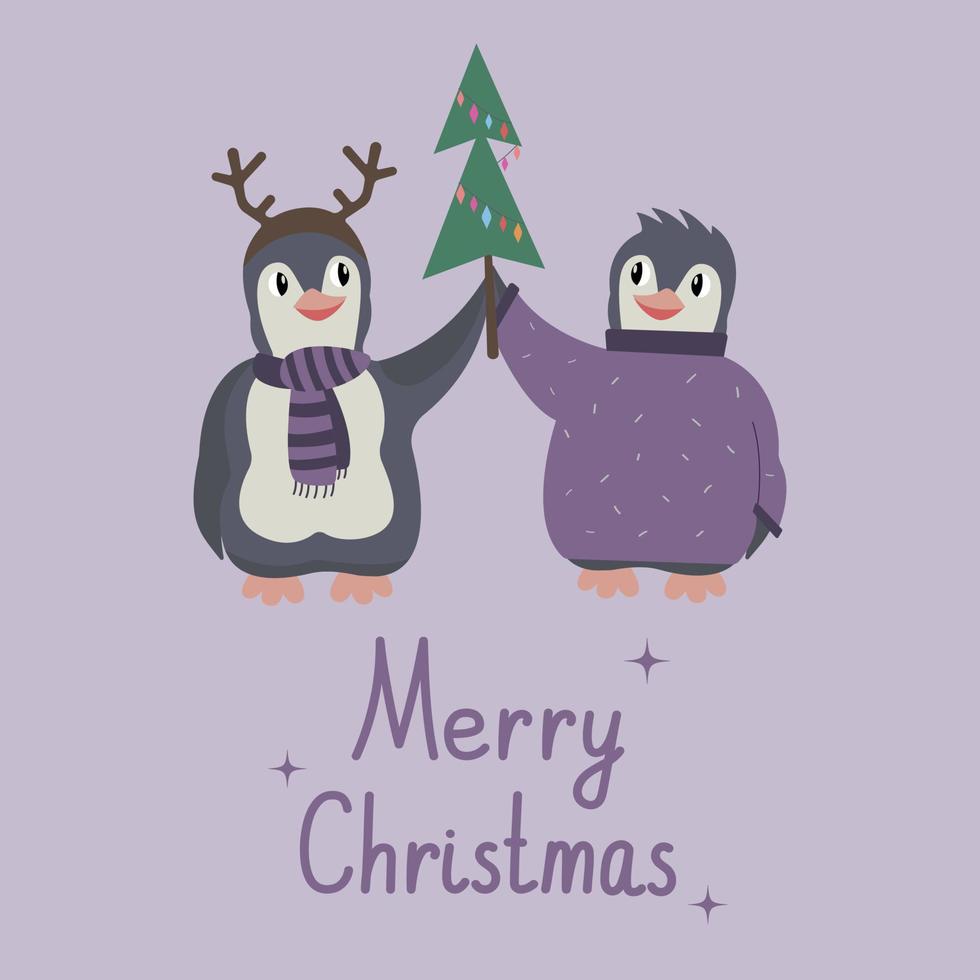 feliz ilustración de saludo de navidad con lindos pingüinos de dibujos animados sosteniendo un árbol de navidad. concepto de navidad, letras de feliz navidad vector