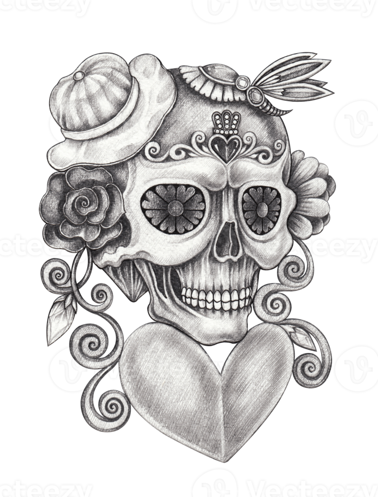 Art fancy skull tattoo.Hand drawing on paper. png