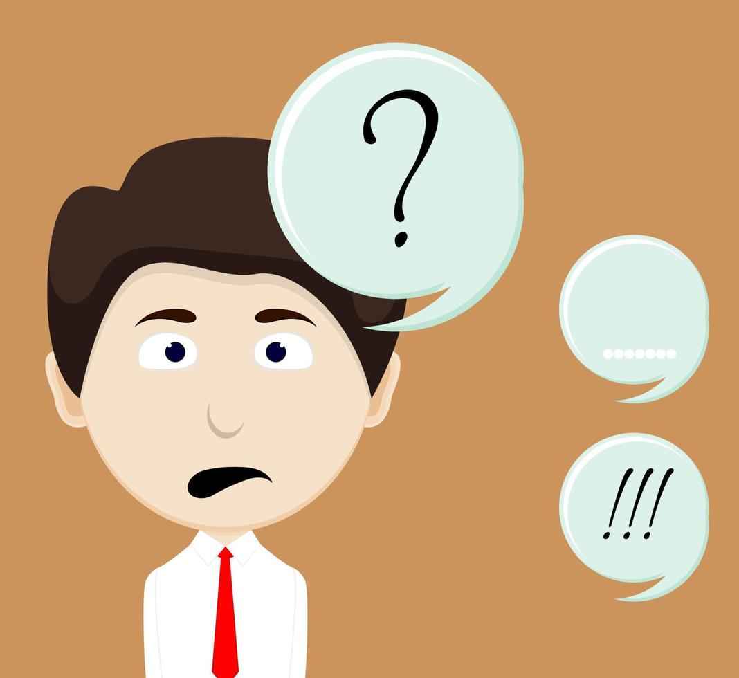 businessman male character with questions and clues marks searching and thinking concept, unsatisfied serious worrying human illustration vector