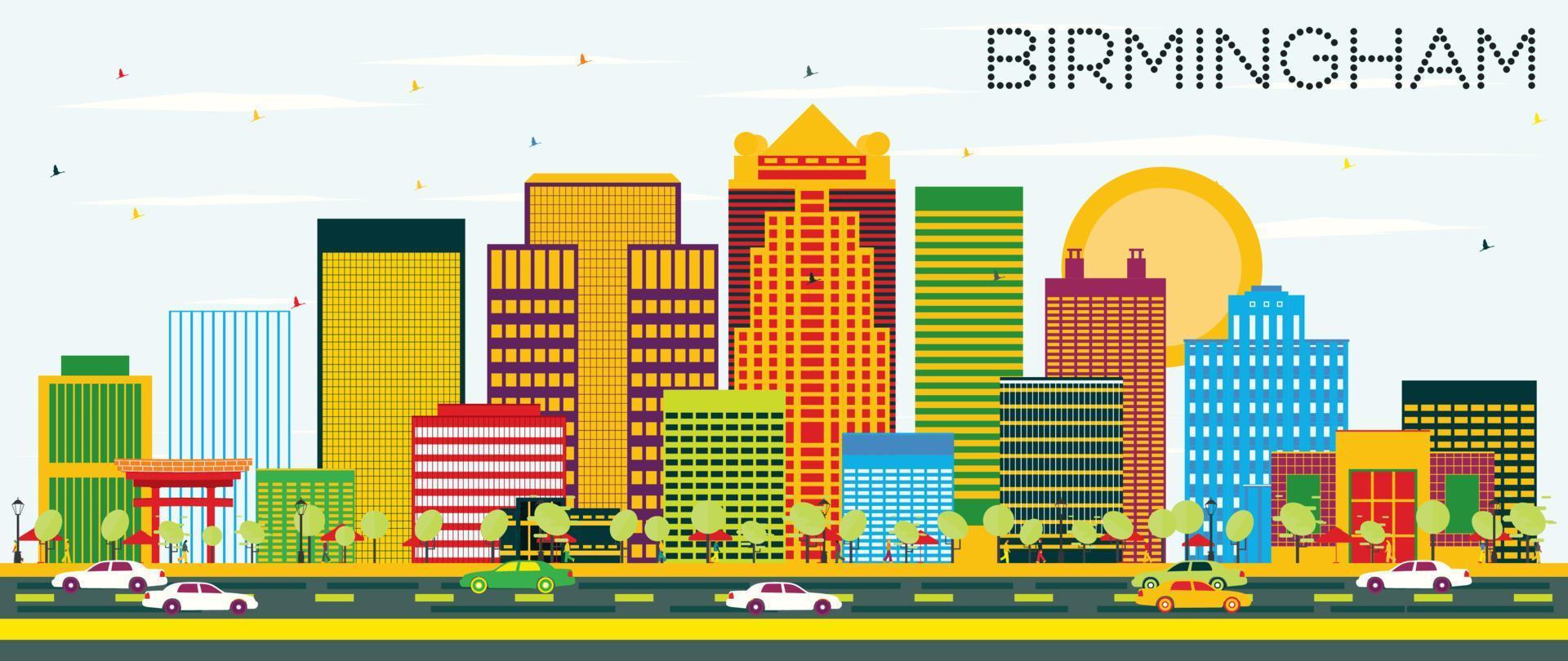 Birmingham Skyline with Color Buildings and Blue Sky. vector