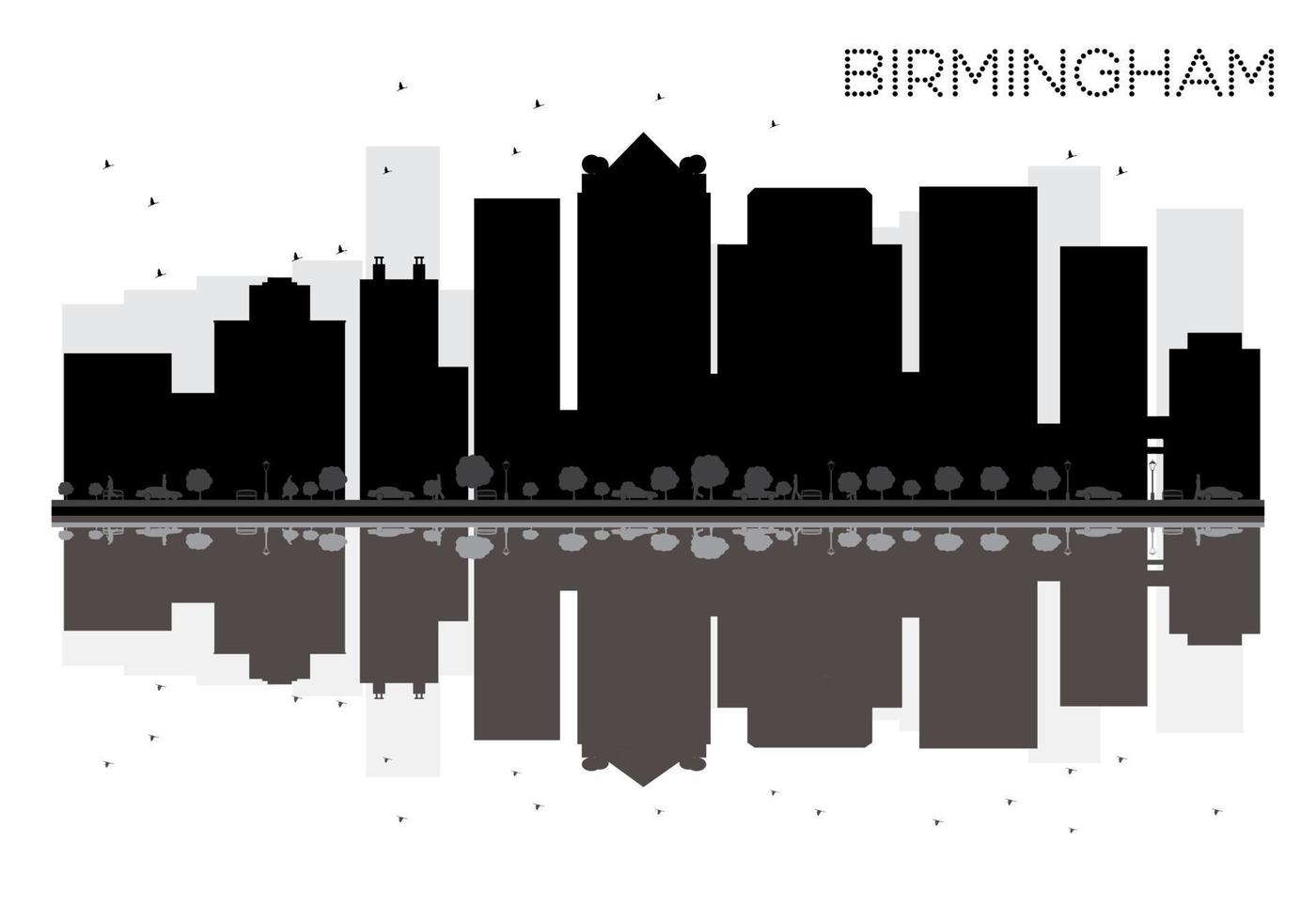 Birmingham City skyline black and white silhouette with reflections. vector