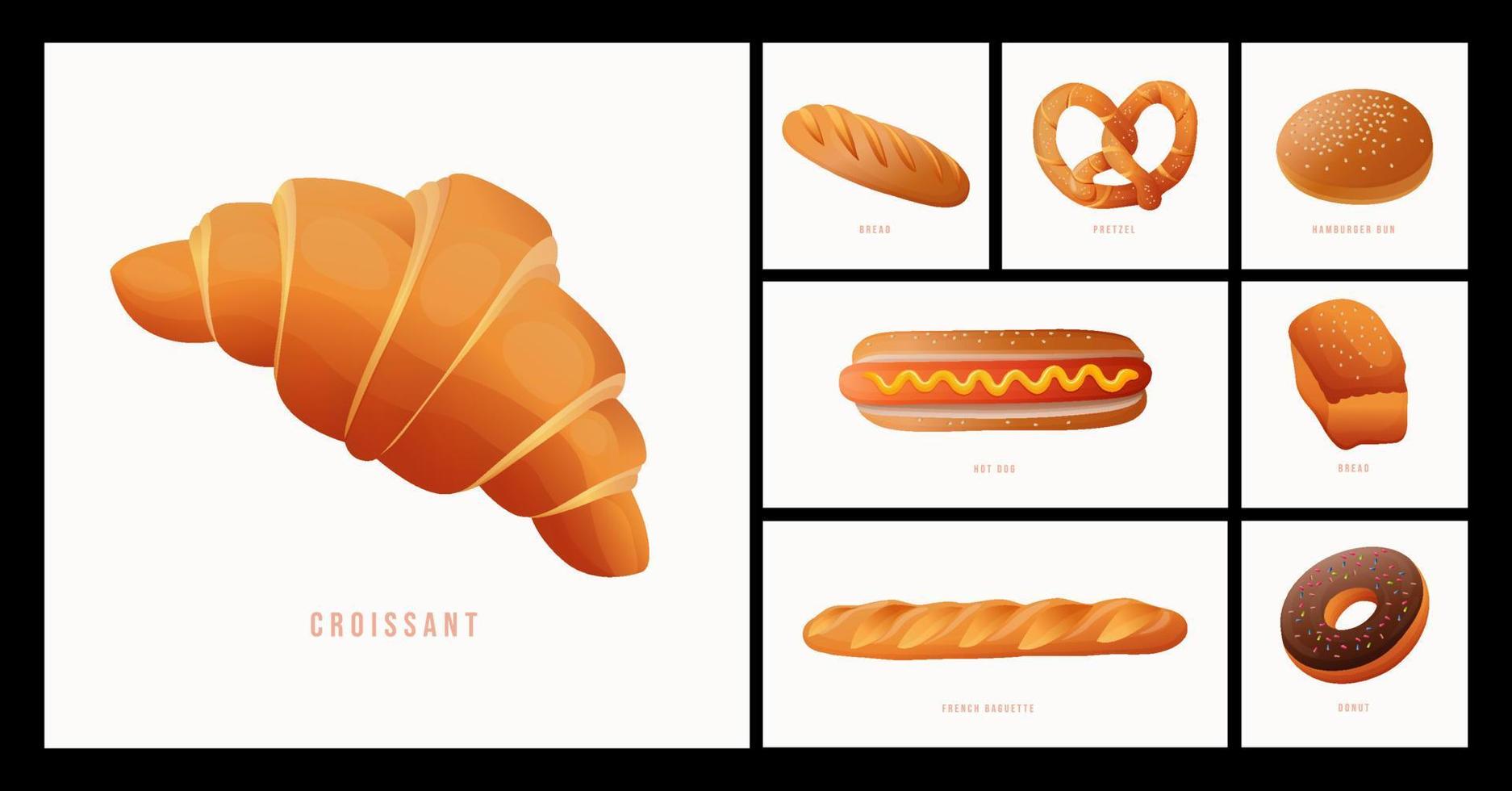 establecer iconos de pan vectorial. pretzel, pan, hot dog, croissant, pan de hamburguesa, donut, baguette francés, etc. conjunto de vectores de productos de panadería.