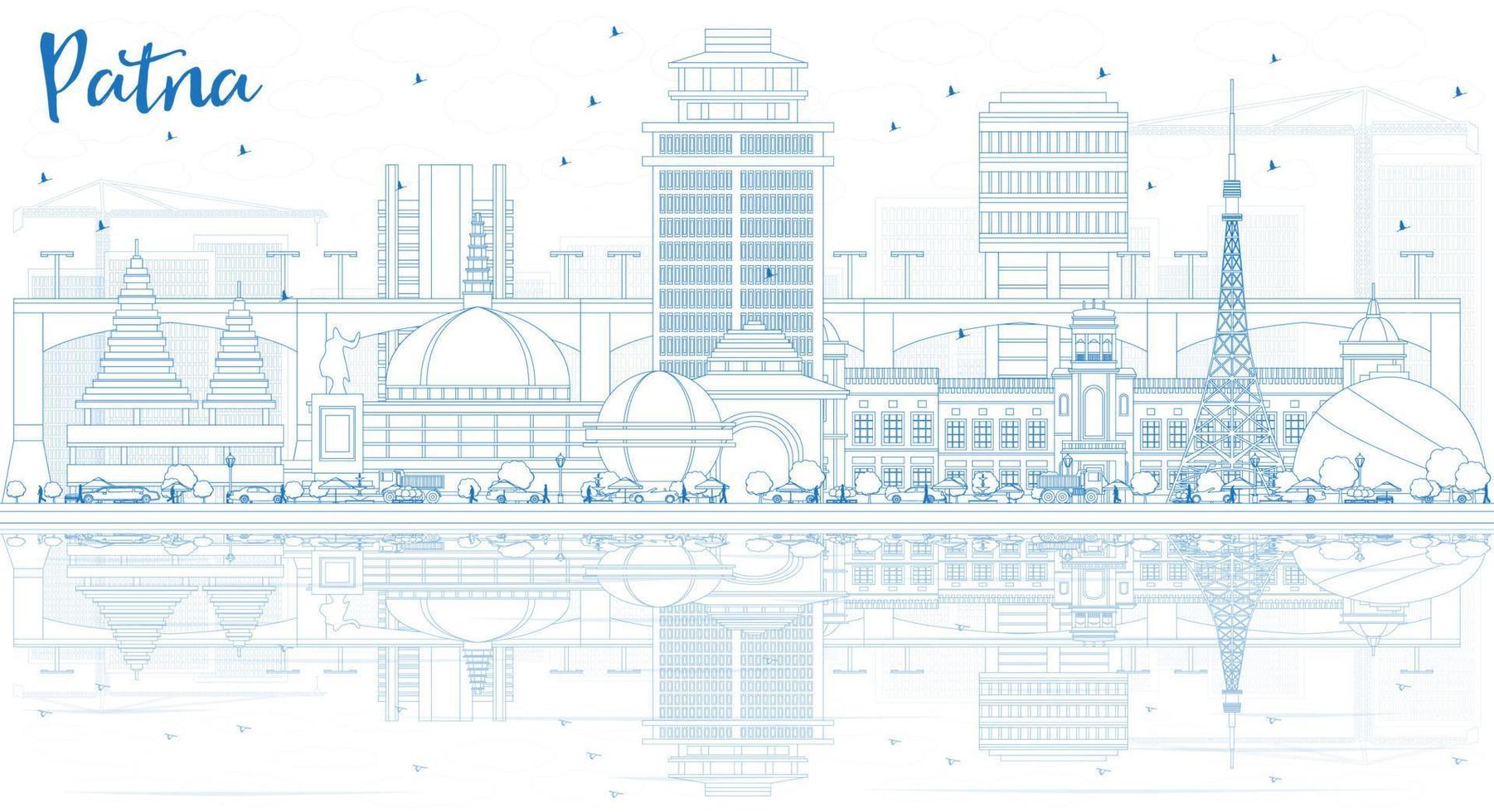 Outline Patna Skyline with Blue Buildings and Reflections. vector