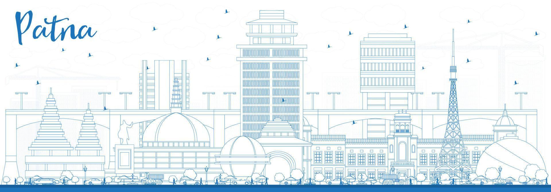 delinear el horizonte de patna con edificios azules. vector