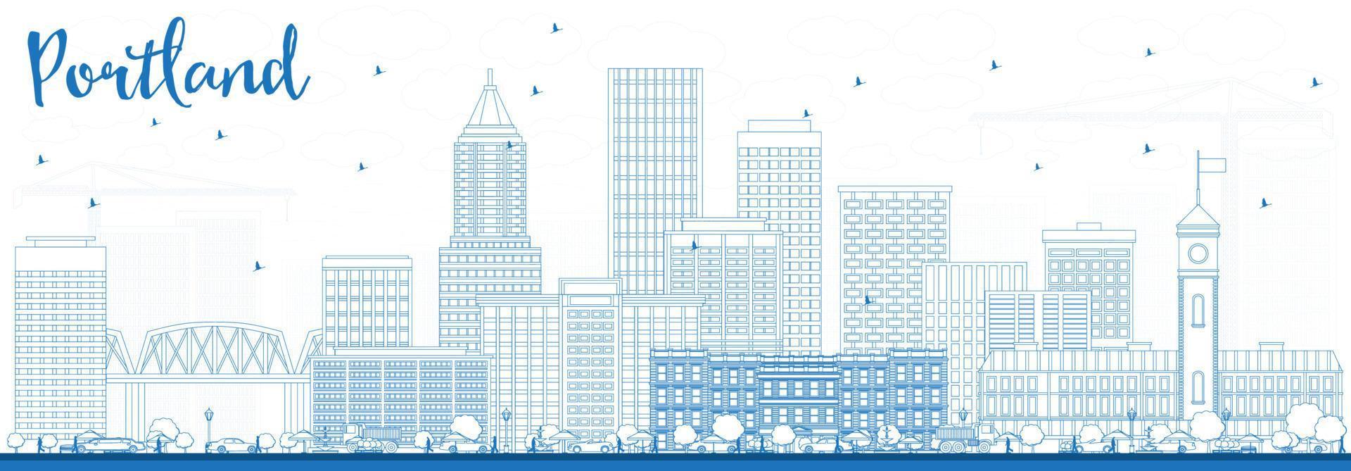 Outline Portland Skyline with Blue Buildings. vector