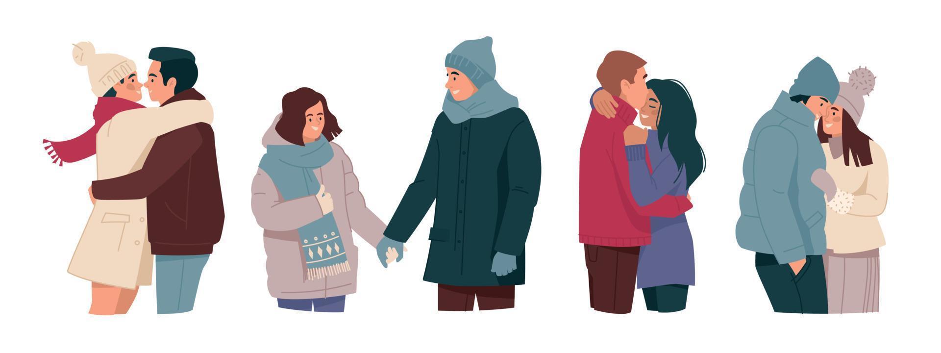 Loving couple in winter clothes. Hugs, romance, meeting lovers. Man and woman are kissing. Vector image.