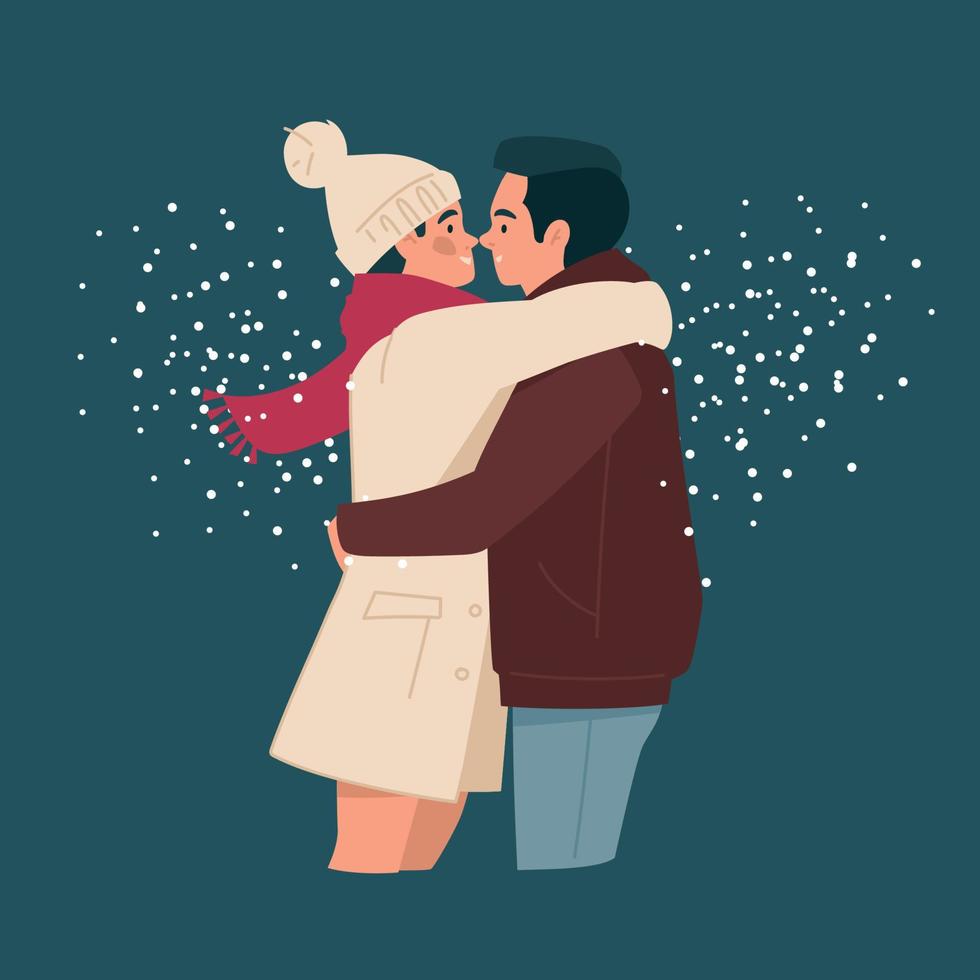 los amantes se abrazan y besan. hombre y mujer en ropa de invierno. romance. gente bajo la nieve. imagen vectorial vector