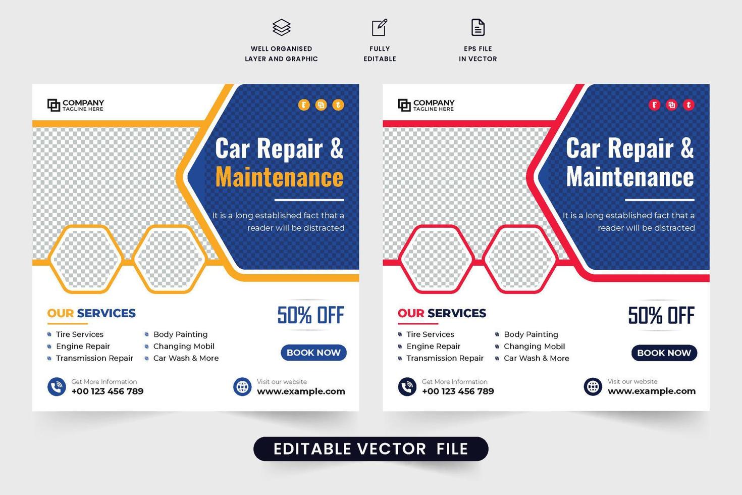 Vehicle repair social media post vector with yellow and red colors. Modern car maintenance service template for business promotion. Car repair service advertisement poster design for digital marketing