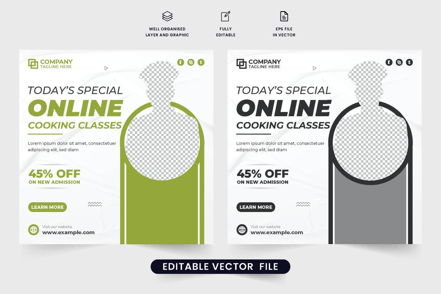 Cooking class promotional web banner for the culinary training center. Modern chef training class social media promotion template with green and black colors. Online cooking class social media post. vector