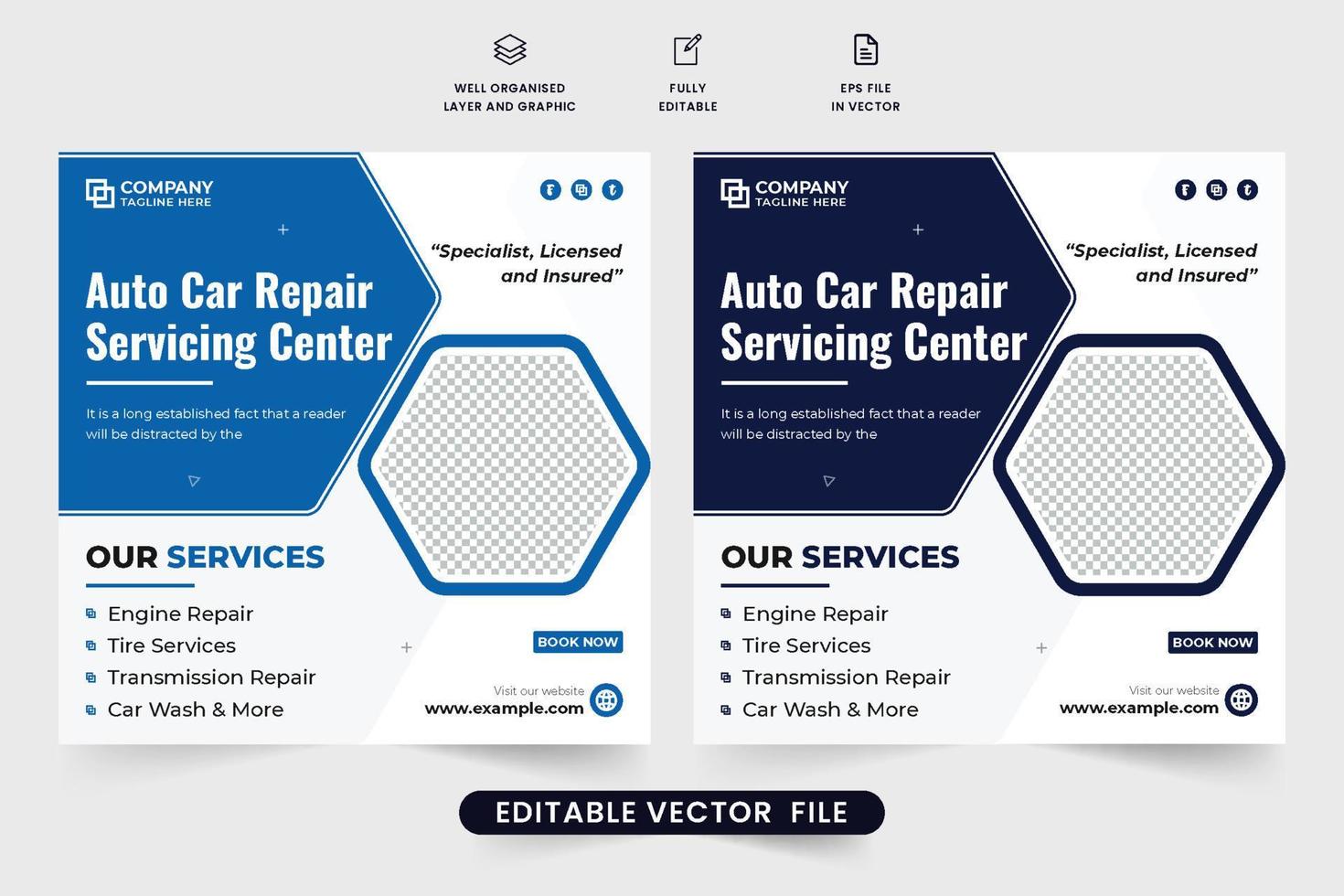 Car repair servicing center promotional web banner vector with dark and blue colors. Car maintenance service social media post design for digital marketing. Vehicle repair business template vector.