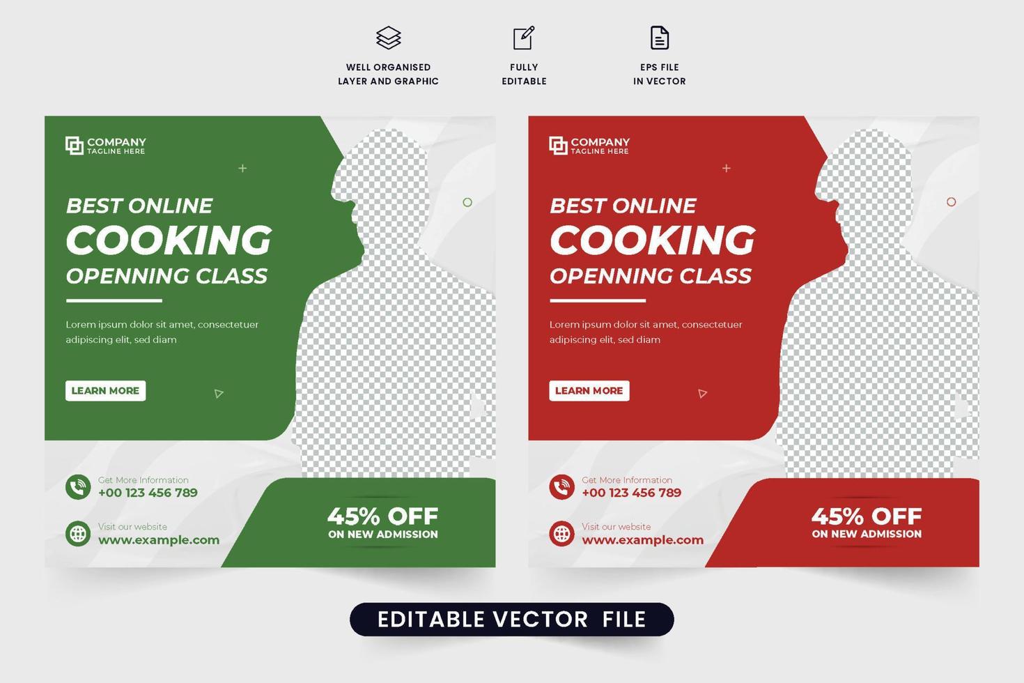 Modern chef training class social media promotion template. Cooking class promotional web banner for the culinary training center. Online cooking class social media posts with red and green colors. vector