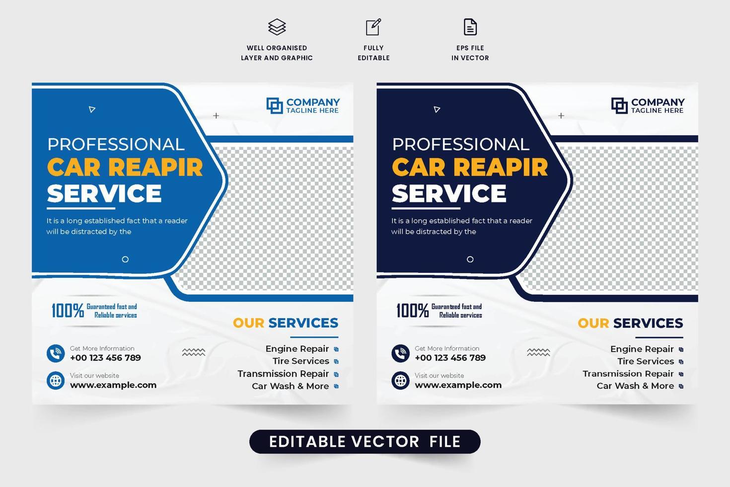 Vehicle repair business advertisement template vector for social media marketing. Car maintenance service promotional poster design with blue and yellow colors. Automobile business advertisement.