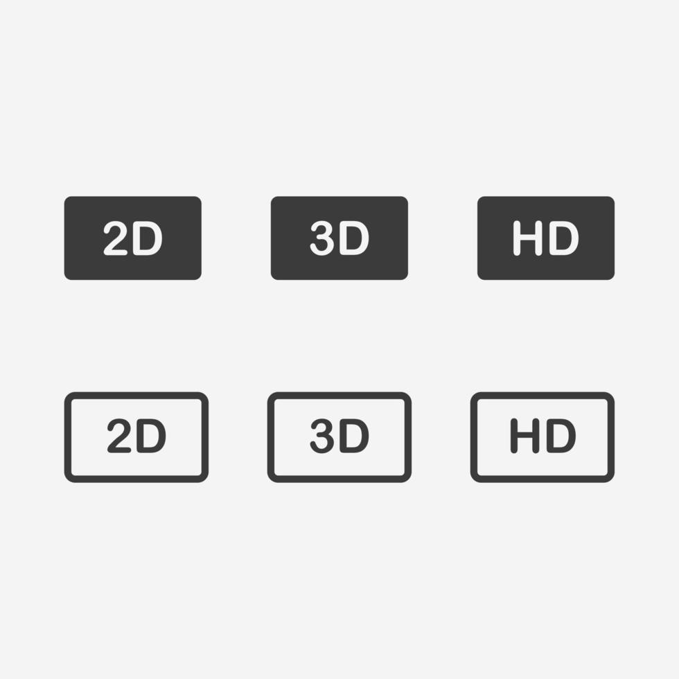 HD, 2D, 3D, film, movie, cinema icon vector set symbol sign