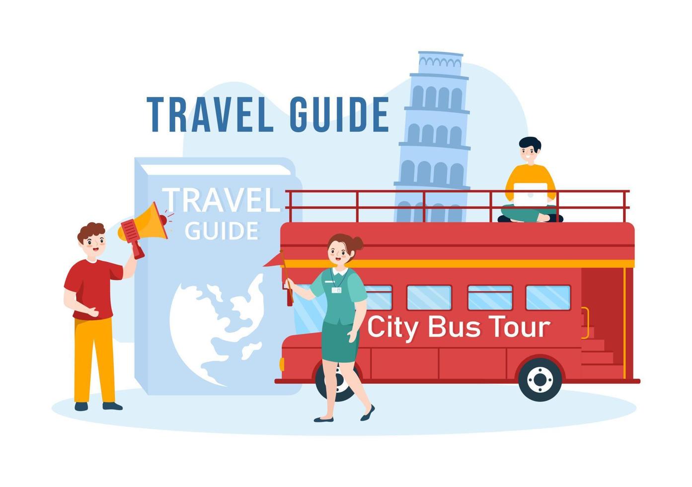 Travel Guide and Tour with Showing Interesting Places to Group of Tourist for Planning Vacation in Flat Cartoon Hand Drawn Templates Illustration vector