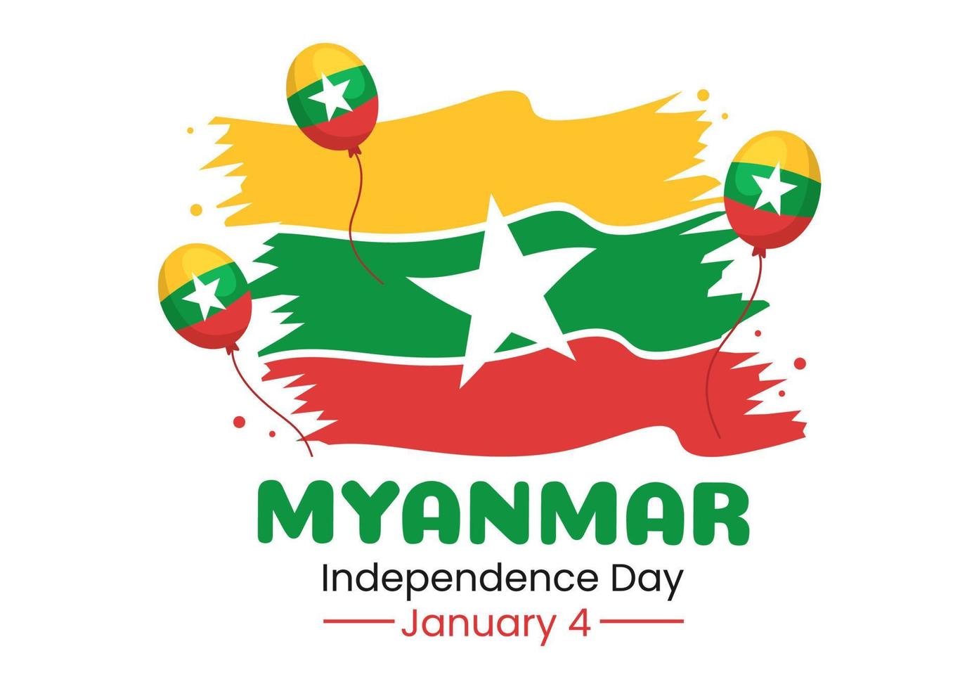 celebrando el día de la independencia de myanmar el 4 de enero con banderas en fondo plano de dibujos animados dibujados a mano ilustración de plantillas vector