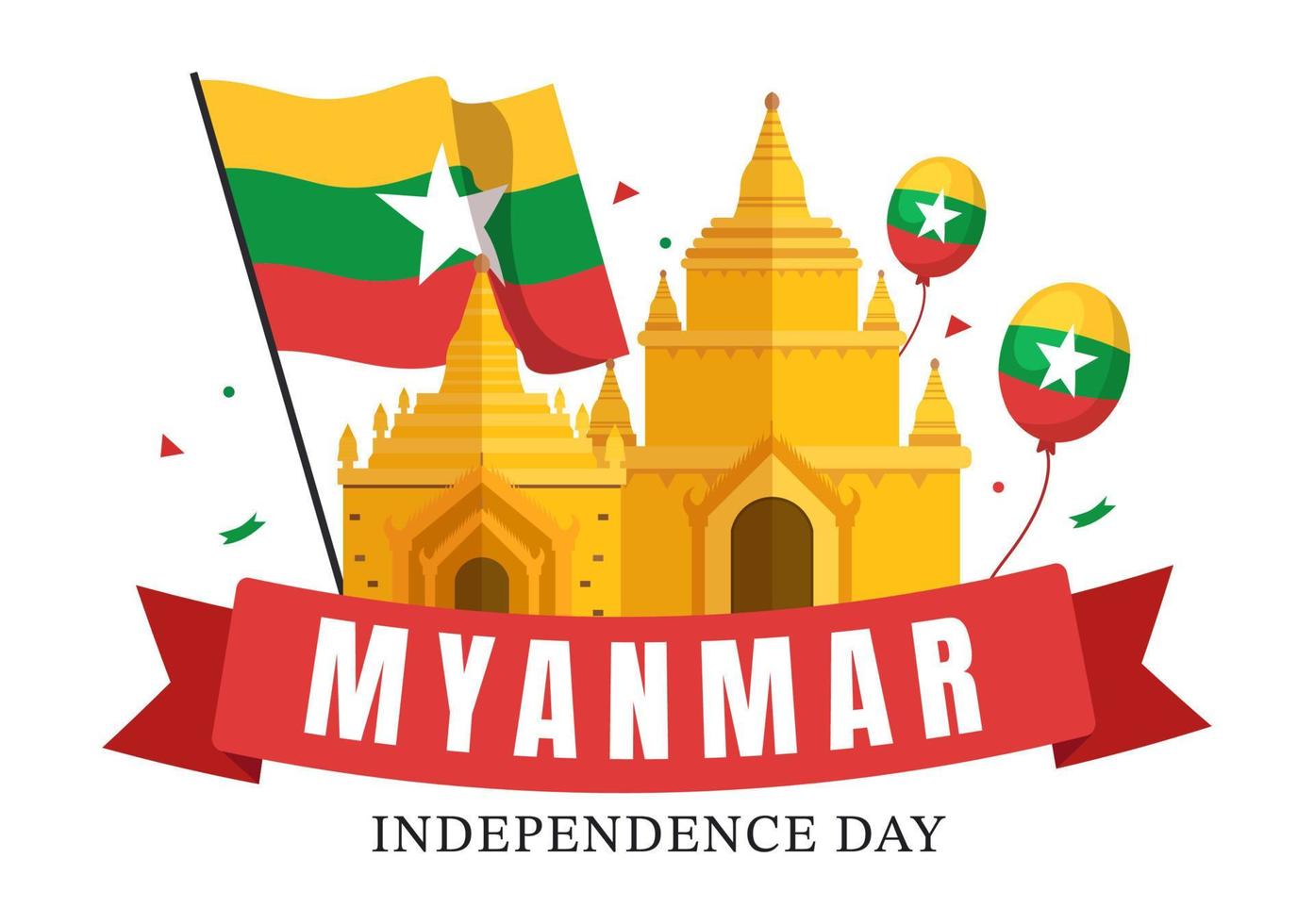 celebrando el día de la independencia de myanmar el 4 de enero con banderas en fondo plano de dibujos animados dibujados a mano ilustración de plantillas vector