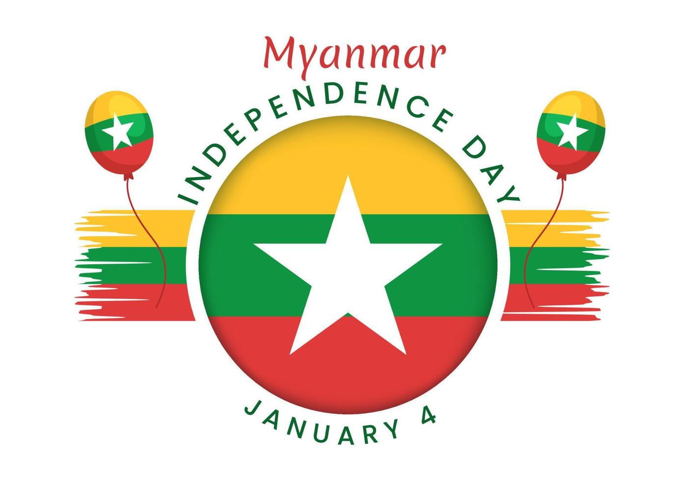 celebrando el día de la independencia de myanmar el 4 de enero con banderas en fondo plano de dibujos animados ilustración de plantillas dibujadas a mano vector