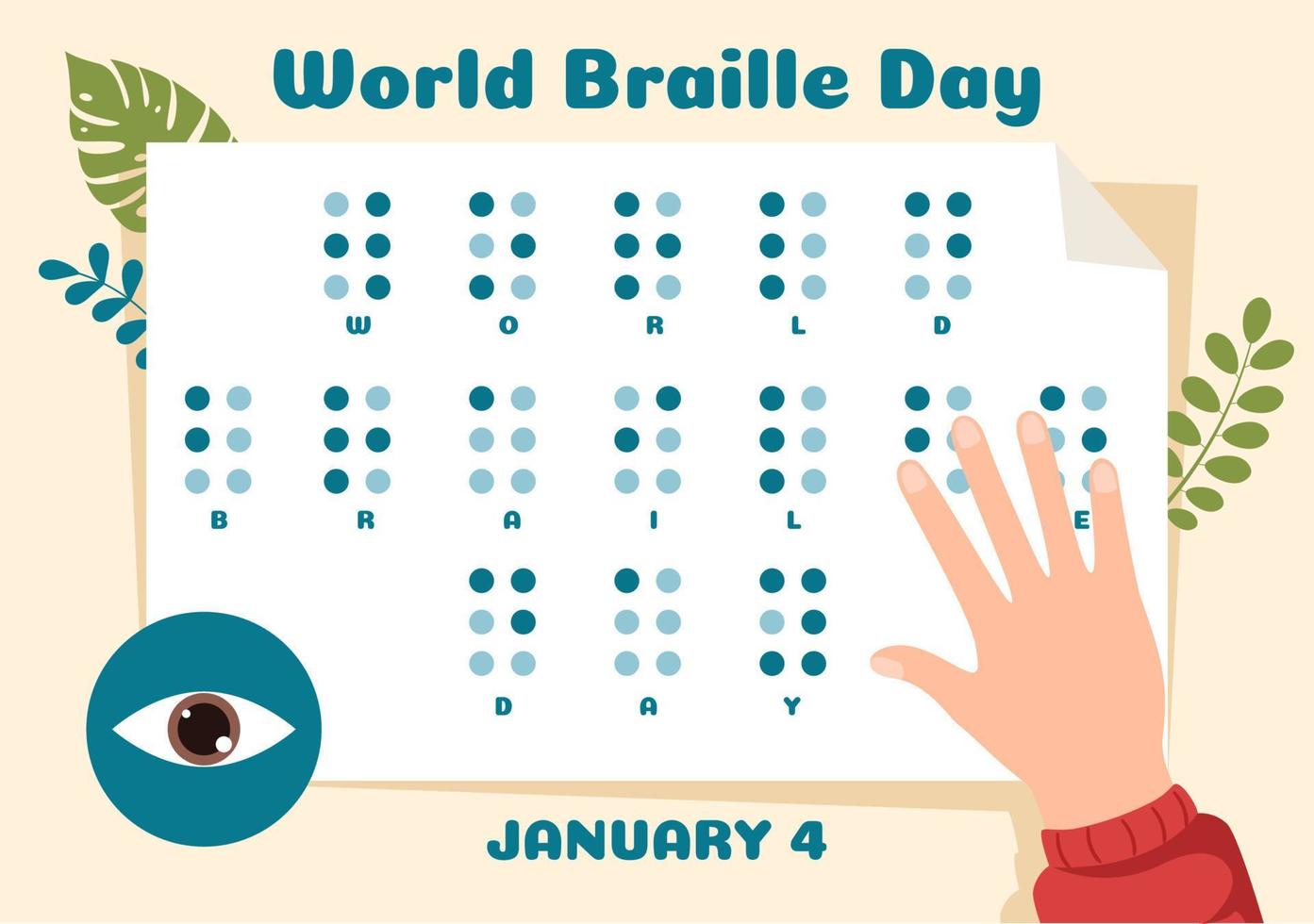 día mundial del braille el 4 de enero con texto por alfabeto para medios de comunicación en dibujos animados planos dibujados a mano ilustración de plantillas vector