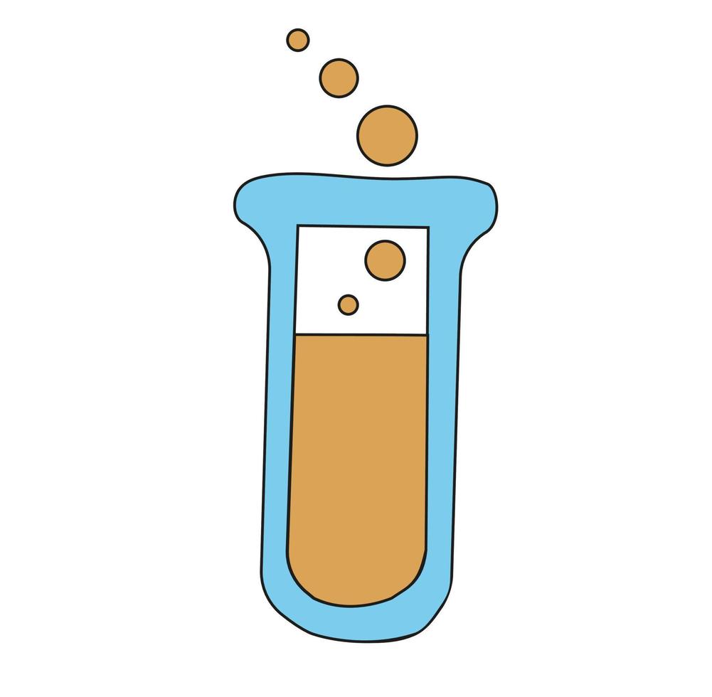 Illustration of a test tube with orange liquid and bubbles. Science chemical icon. vector