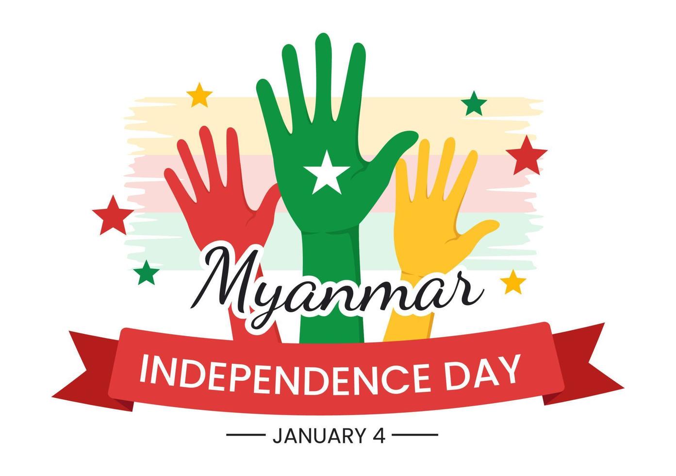 celebrando el día de la independencia de myanmar el 4 de enero con banderas en fondo plano de dibujos animados ilustración de plantillas dibujadas a mano vector