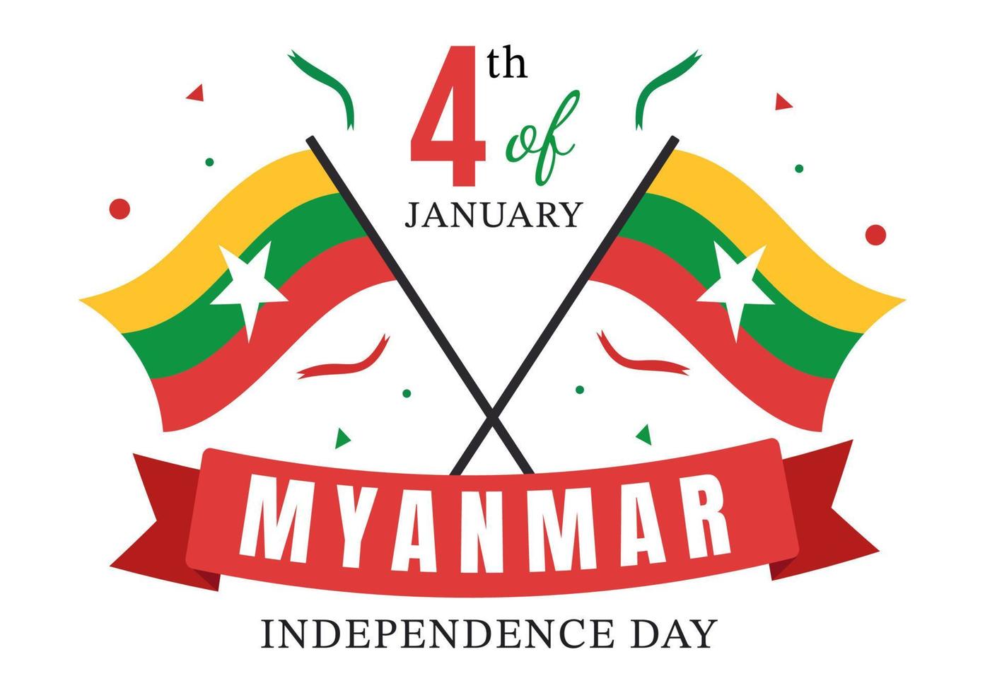 celebrando el día de la independencia de myanmar el 4 de enero con banderas en fondo plano de dibujos animados ilustración de plantillas dibujadas a mano vector