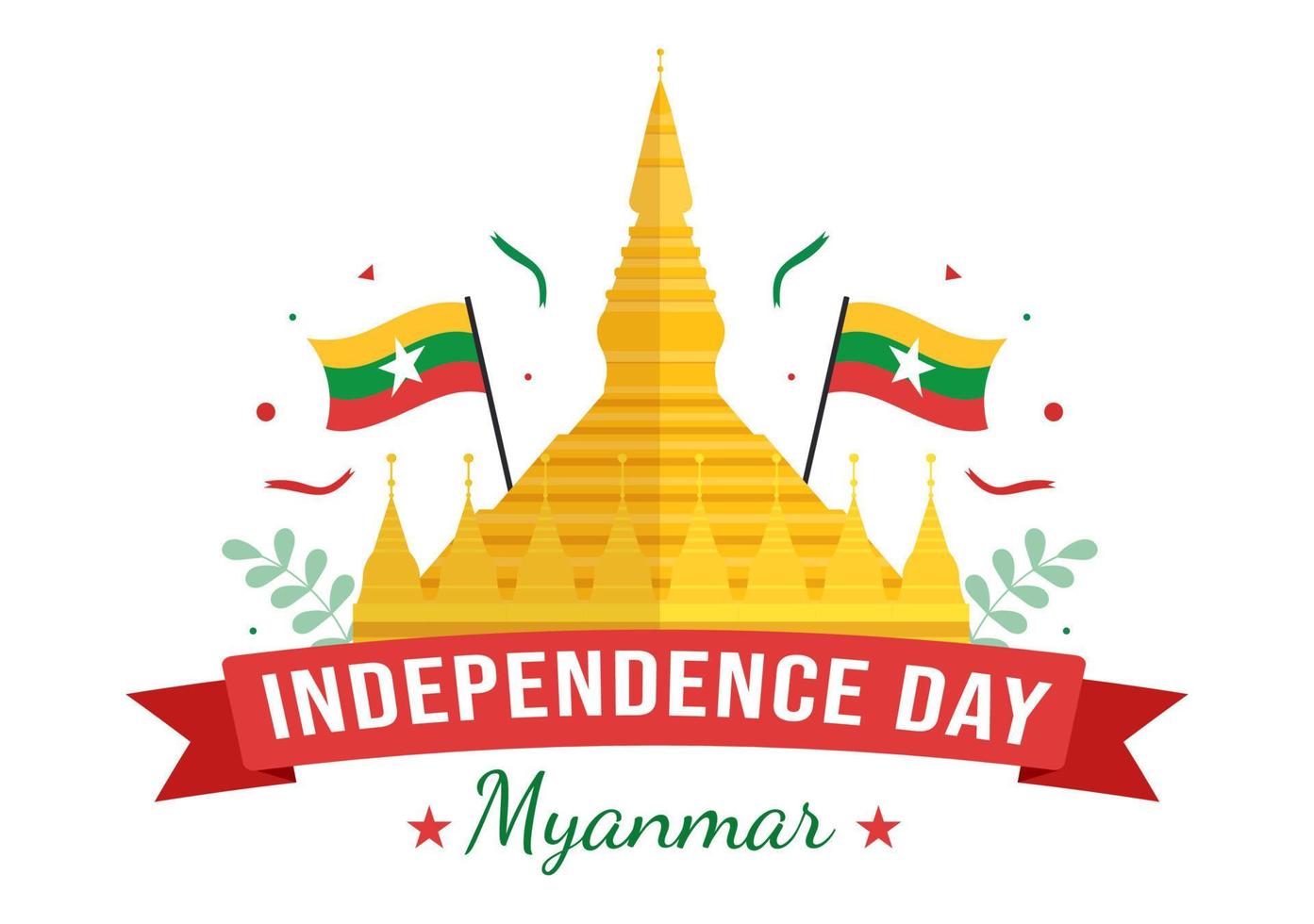 celebrando el día de la independencia de myanmar el 4 de enero con banderas en fondo plano de dibujos animados ilustración de plantillas dibujadas a mano vector