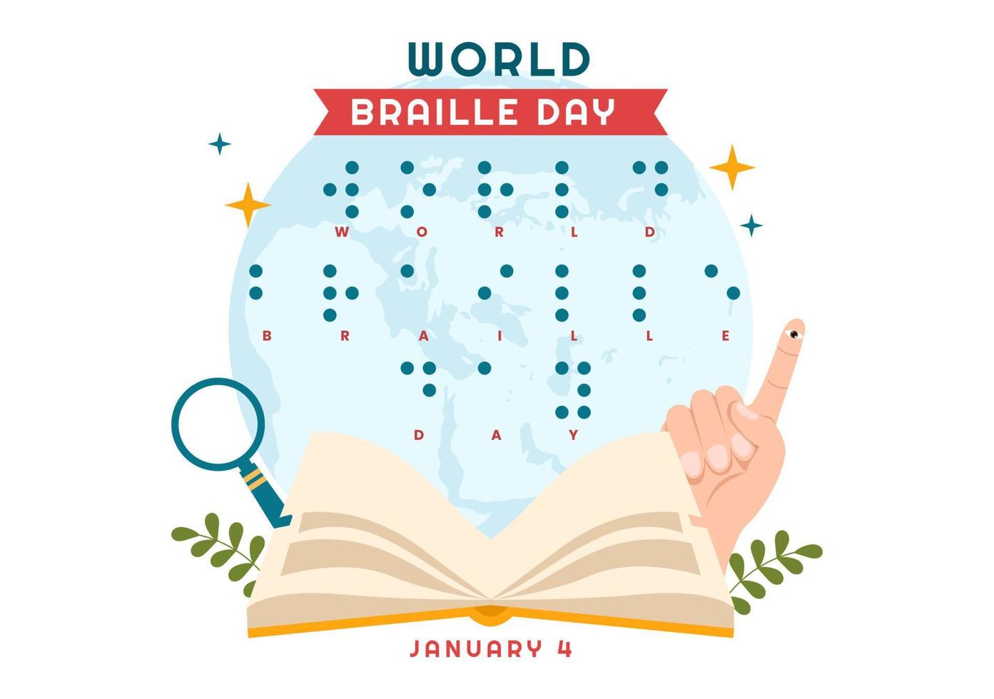 día mundial del braille el 4 de enero con texto por alfabeto para medios de comunicación en dibujos animados planos dibujados a mano ilustración de plantillas vector