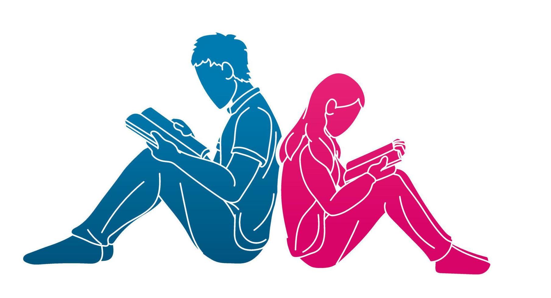 Male and Female Reading Books Together Cartoon Education Graphic Vector
