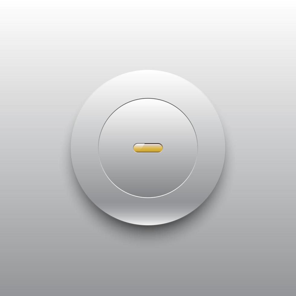 Minus button vector illustration. Symbol of yellow subtraction straight line and rounded silver metallic frame