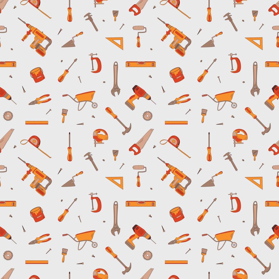 Seamless Pattern With Building Elements. Outline Vector Illustration In Doodle Style. Construction Tools.