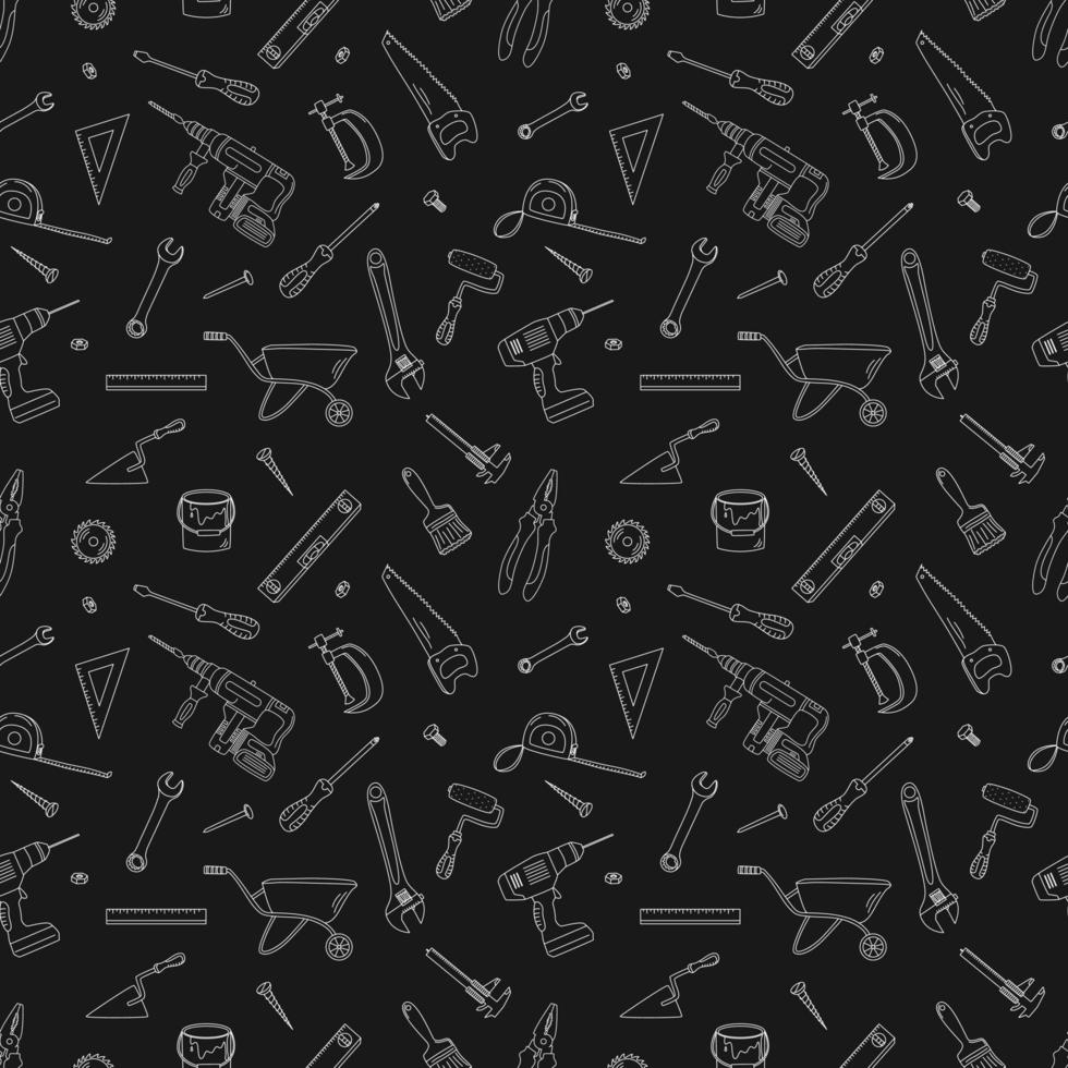 Seamless Pattern With Building Elements. Outline Vector Illustration In Doodle Style. Construction Tools.