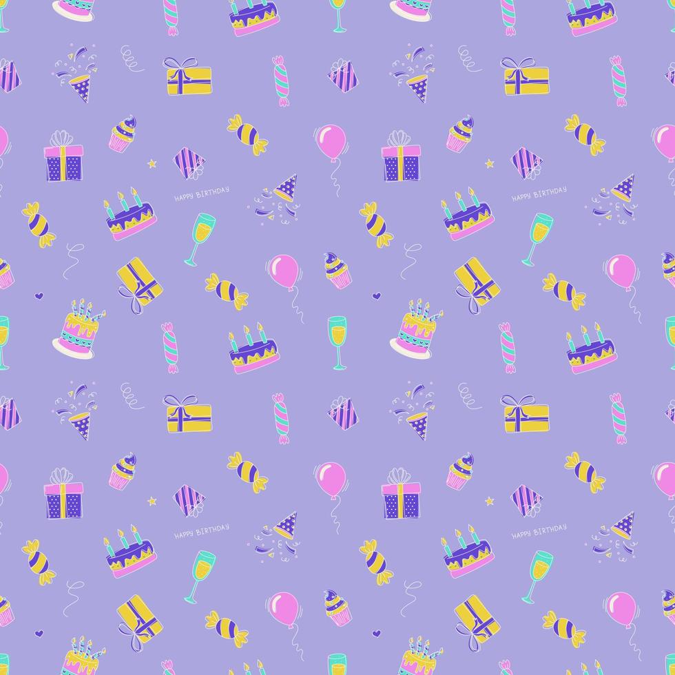 feliz cumpleaños. patrón sin costuras con elementos de cumpleaños. pasteles, regalos, globos y más. vector