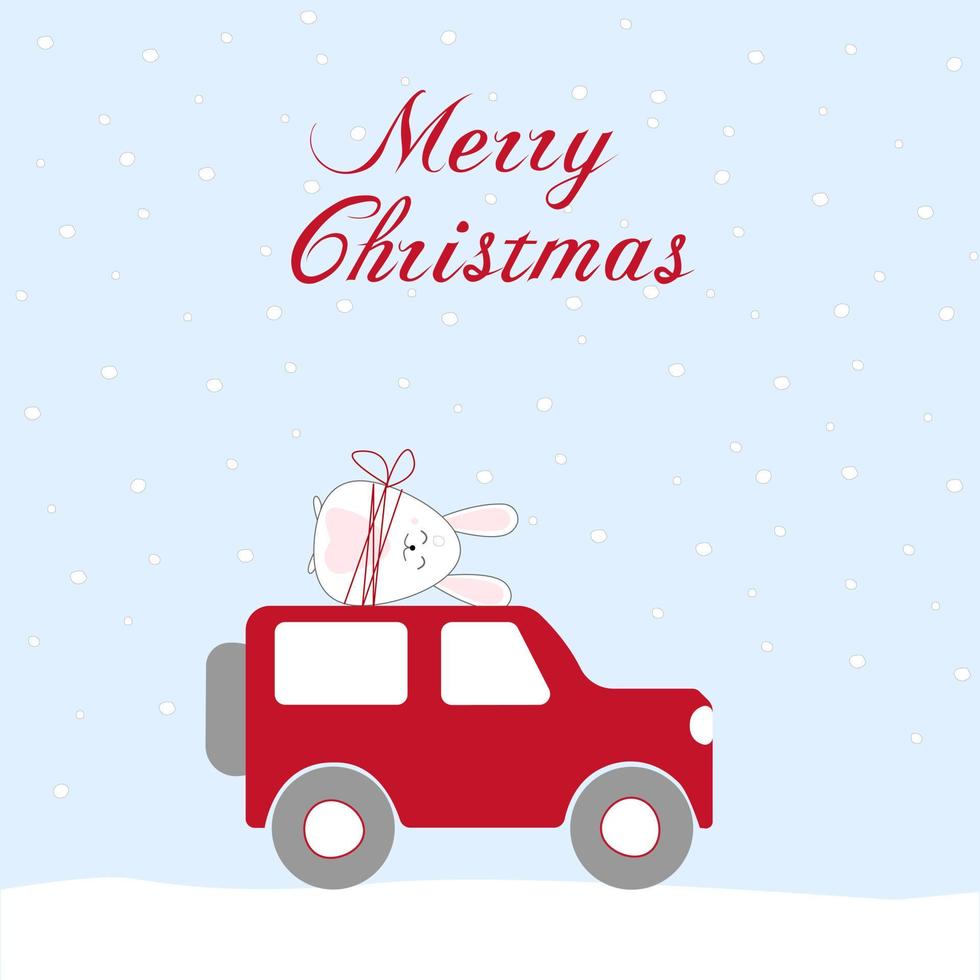 Christmas card design with a bunny on a red car.Winter holiday design for postcards, paper prints, web banners.2023 is the year of the rabbit. Vector illustration