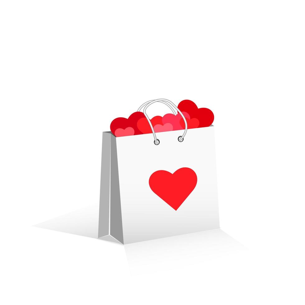 Happy Valentines day. Gift paper bag with hearts.  Love shopping bag on  white background. Vector Illustration